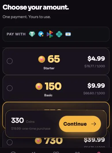 The Coins page in the studio with a 330-Coin pack selected