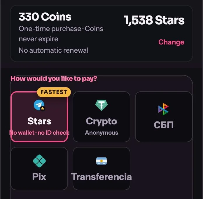 Checkout with Telegram Stars selected and the price shown in Stars